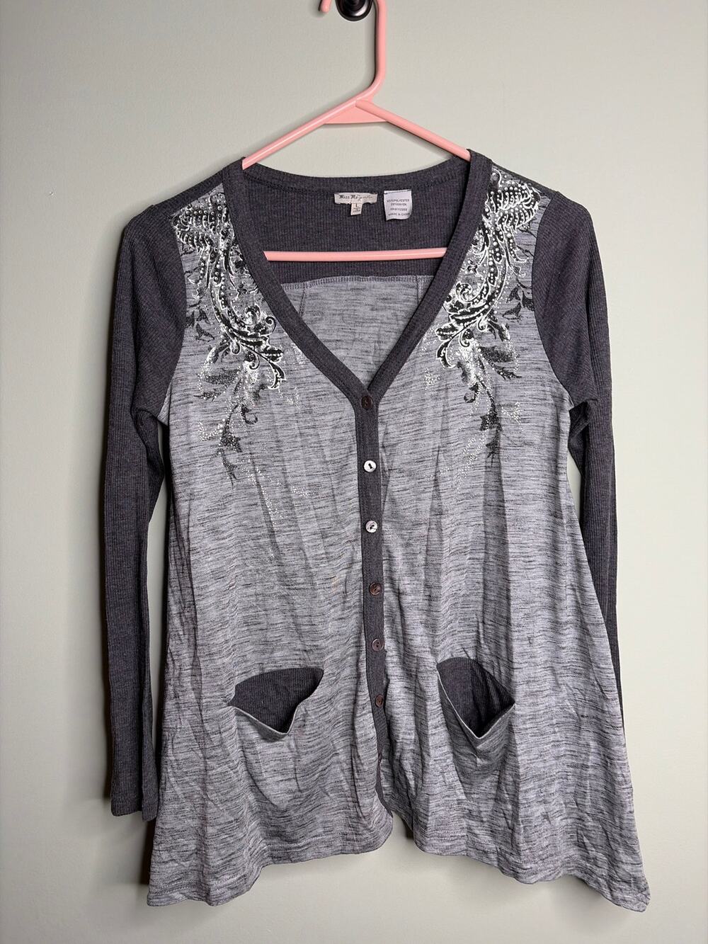 Miss Me Girls Gray Embellished Cardigan Large